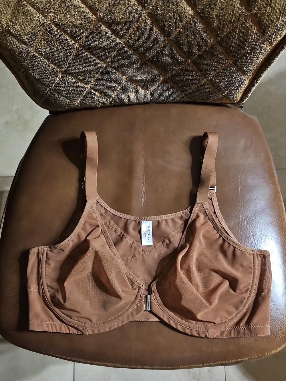 SheCurve T-Shirt Unlined Front Close Underwire Brown Mesh Sheer Bra